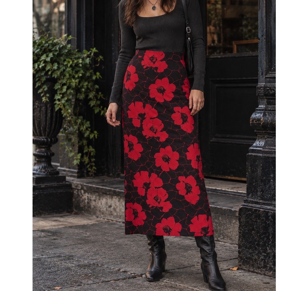 Vtg 90s Dark Floral Maxi Skirt Womens sz 14 red Whimsigoth Practical Magic Vamp